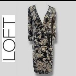 LOFT Long Sleeve Black and Cream Floral Dress